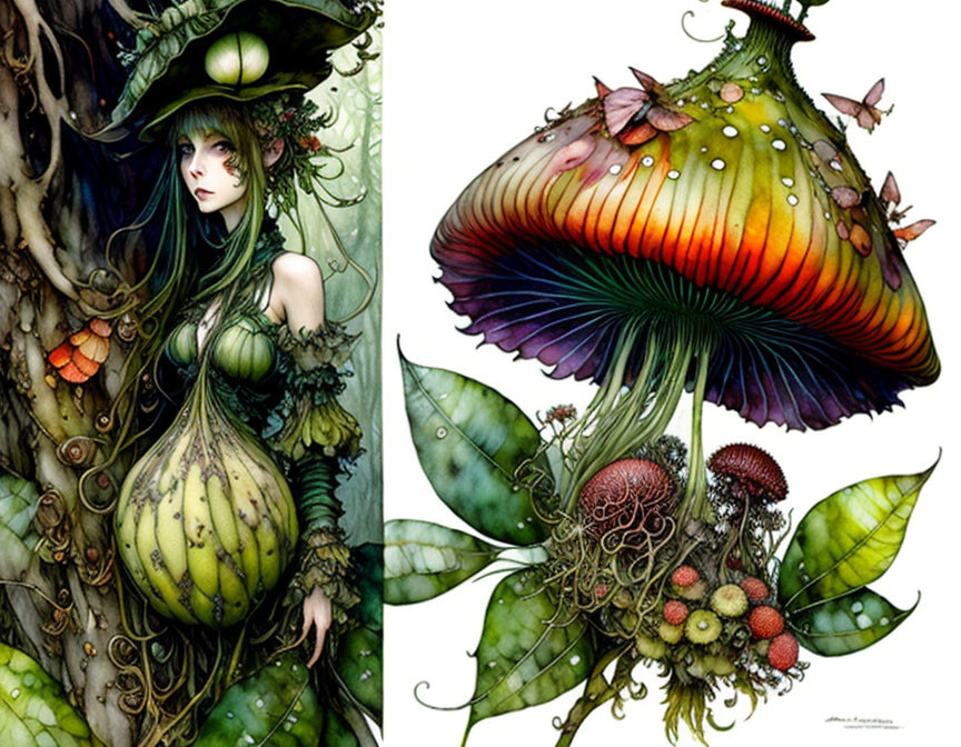 Fantasy illustration of female figure with green tones and mushroom hat surrounded by whimsical flora