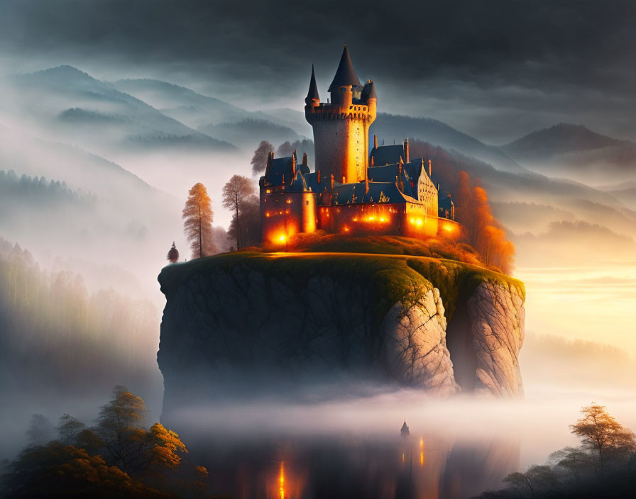 Majestic castle on cliff in misty landscape at sunrise or sunset