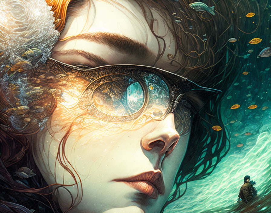 Detailed Illustration: Woman with Reflective Eye-piece, Flowing Hair, and Tiny Fish in Under