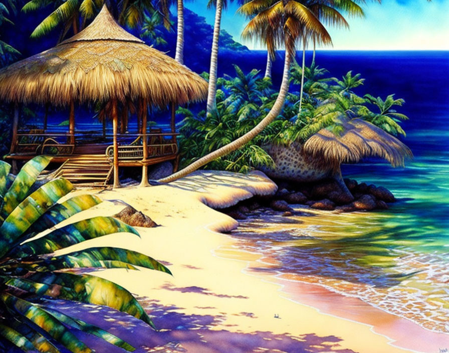 Tranquil tropical beach scene with thatched hut, palm trees, vibrant foliage, and gentle waves