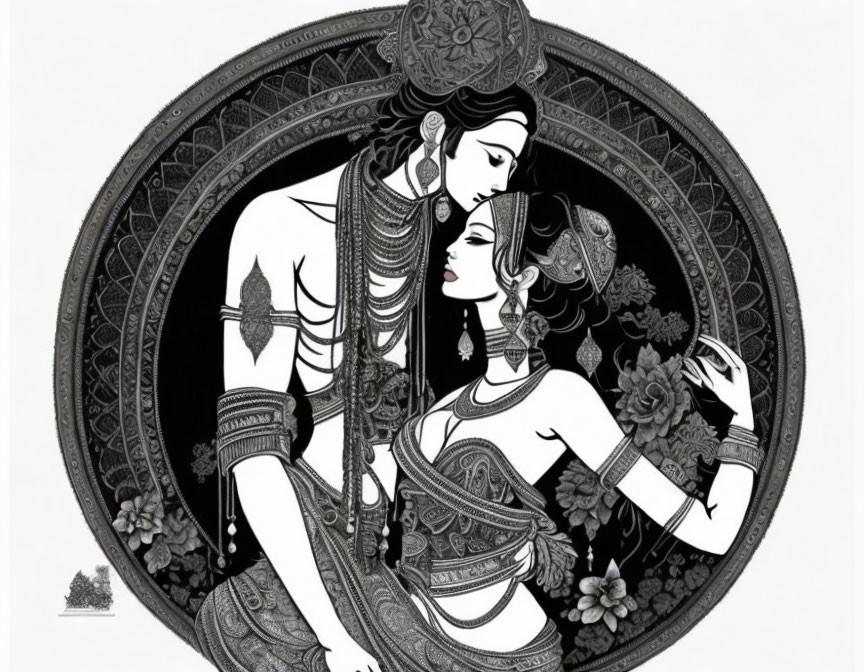 Detailed monochrome Indian couple illustration in traditional attire.