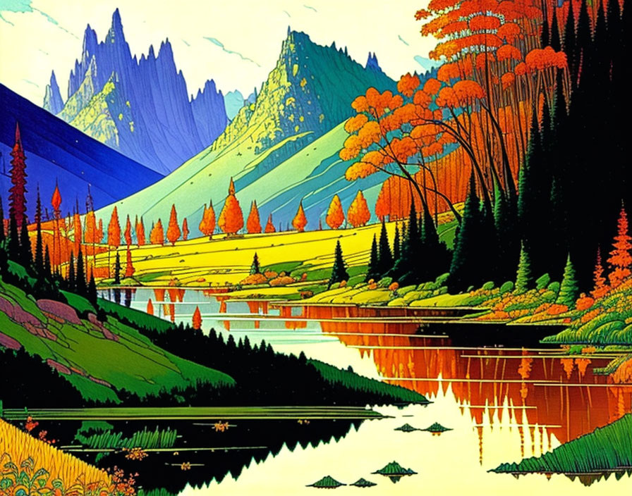 Colorful landscape with reflective lake, vibrant trees, and dramatic mountains under bright sky