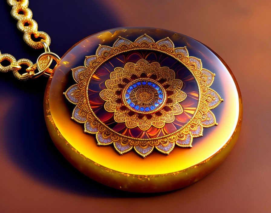 Golden Mandala Pendant with Blue and Orange Hues on Chain