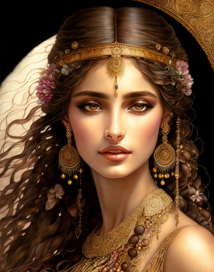 Woman with Golden Jewelry, Floral Headpiece, and Wavy Hair