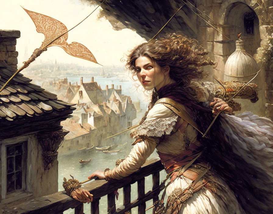 Fantasy artwork of winged woman with bow overlooking old city and river