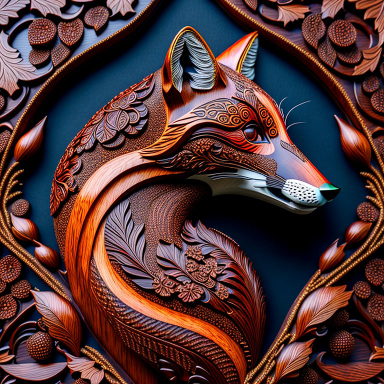 Stylized fox head with floral patterns in warm colors on dark background