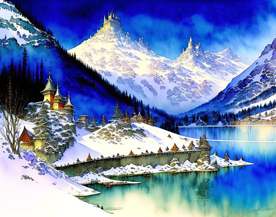 Snow-covered village by lake with castle in watercolor