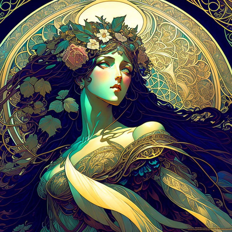 Illustrated woman with floral crown in mystical setting