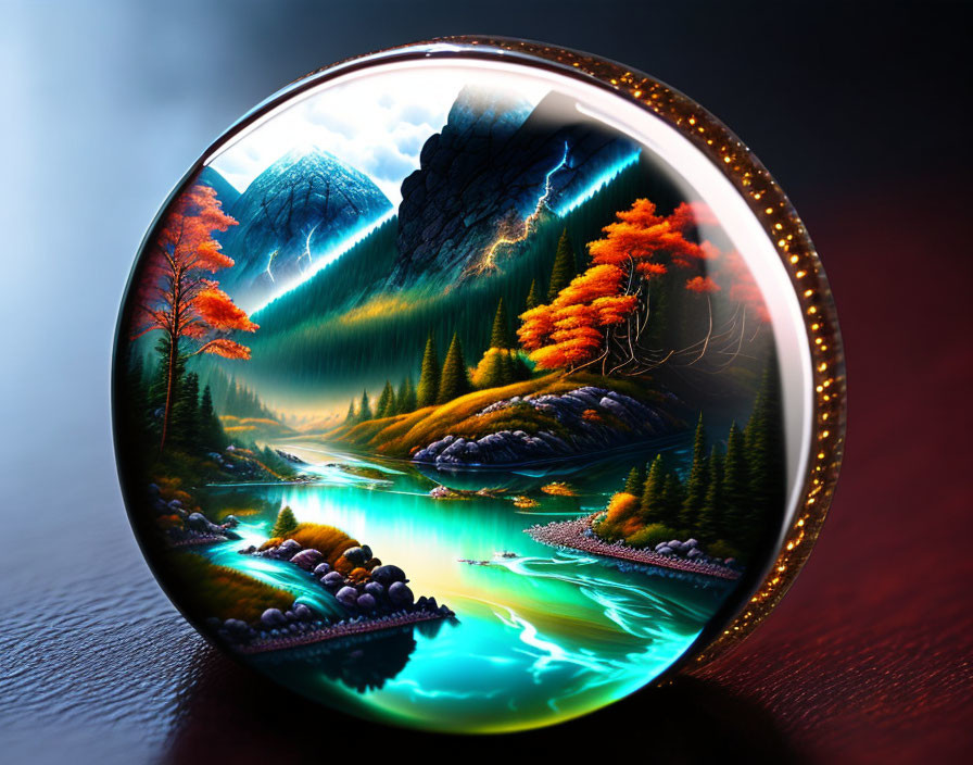 Vivid autumn landscape in crystal ball with trees, mountains, river