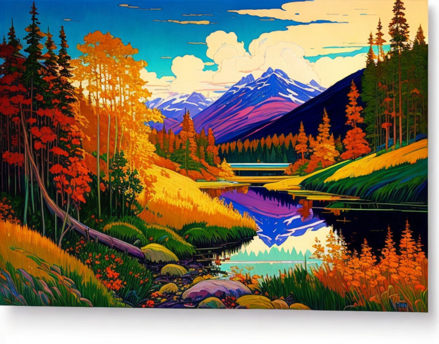 Serene lake landscape with autumn trees and snow-capped mountains