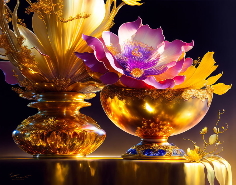 Digital artwork of golden ornate bowl with pink and yellow flower