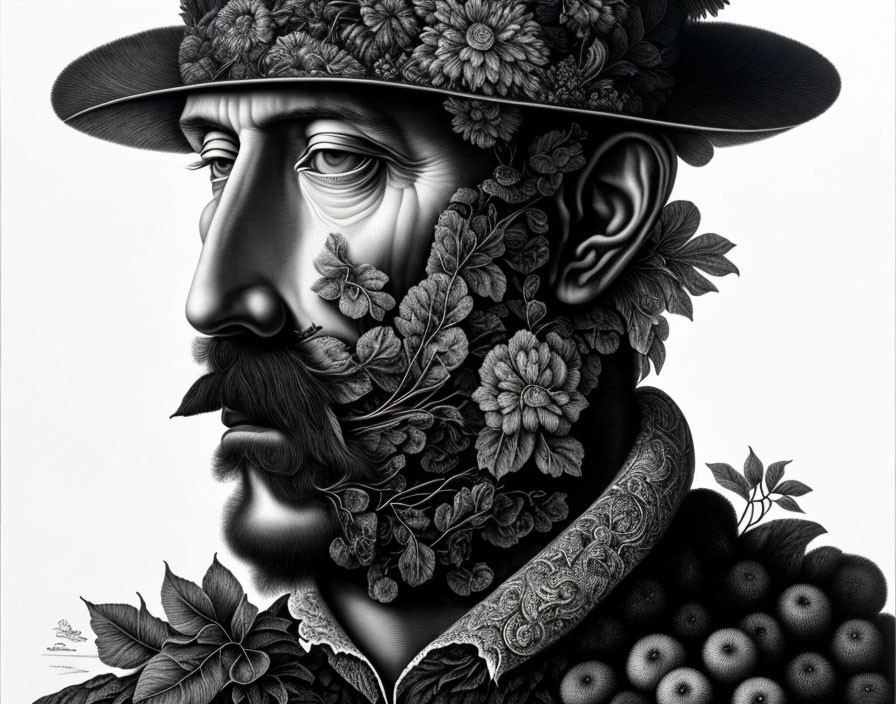 Monochrome illustration: Bearded man with floral patterns on face and attire