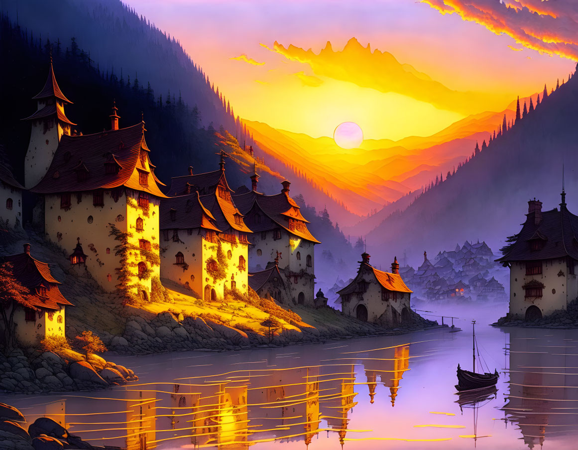 Tranquil sunset scene with castle, river, mountains, and boat