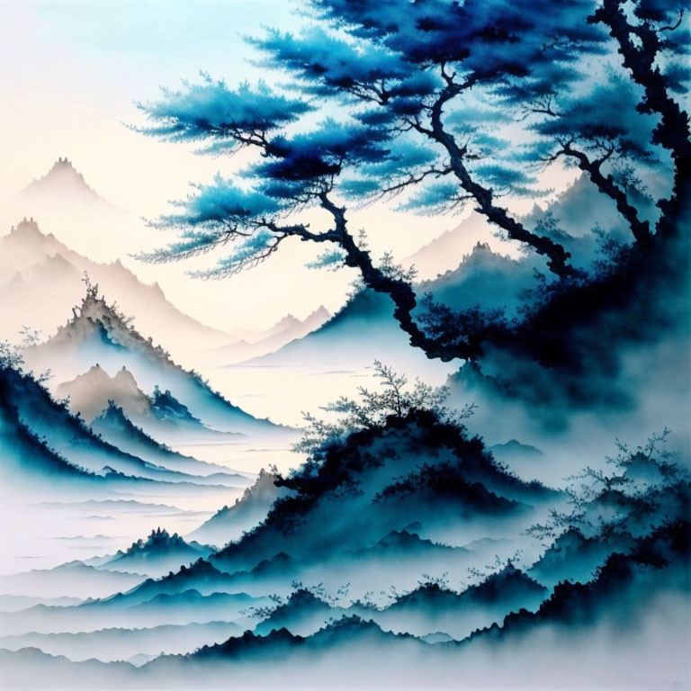 Tranquil landscape with misty blue mountains and solitary tree branch