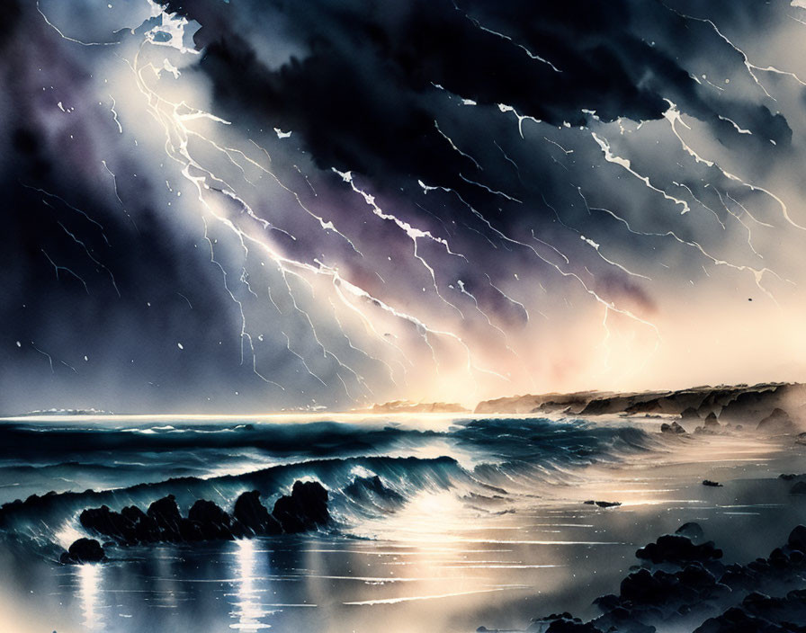 Vivid lightning storm over dramatic seascape