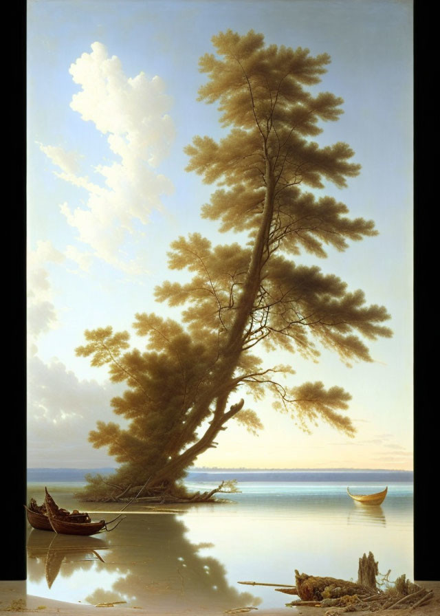 Tranquil lakeside landscape with leaning tree, boats, and cloudy sky