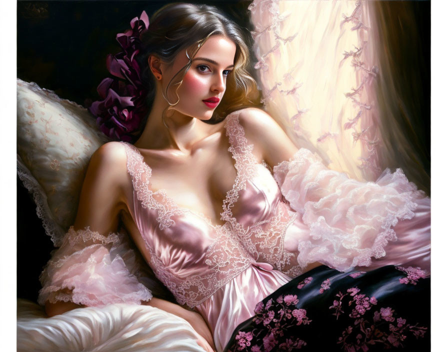 Portrait of Woman in Pink Silk Dress Reclining on Pillows