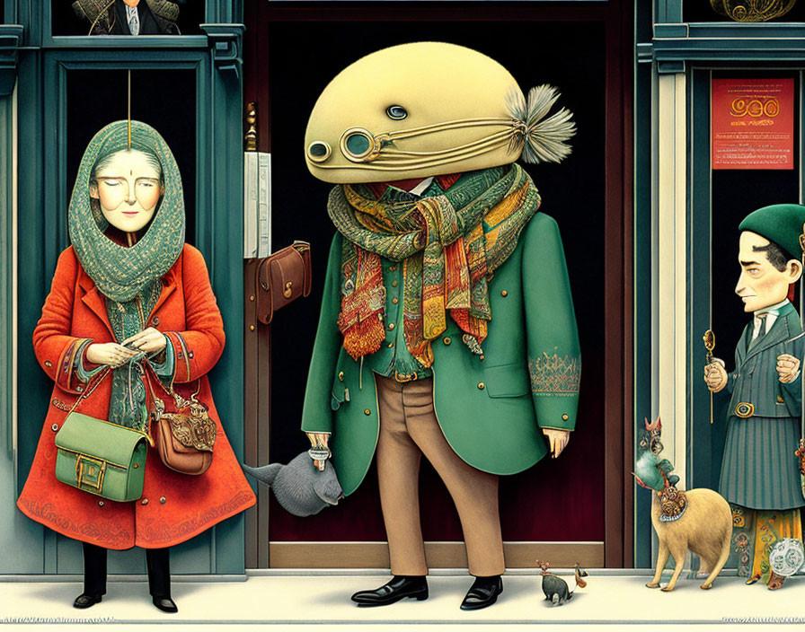 Vintage-style illustration of three unique-headed characters with a cat and dog near a theater entrance