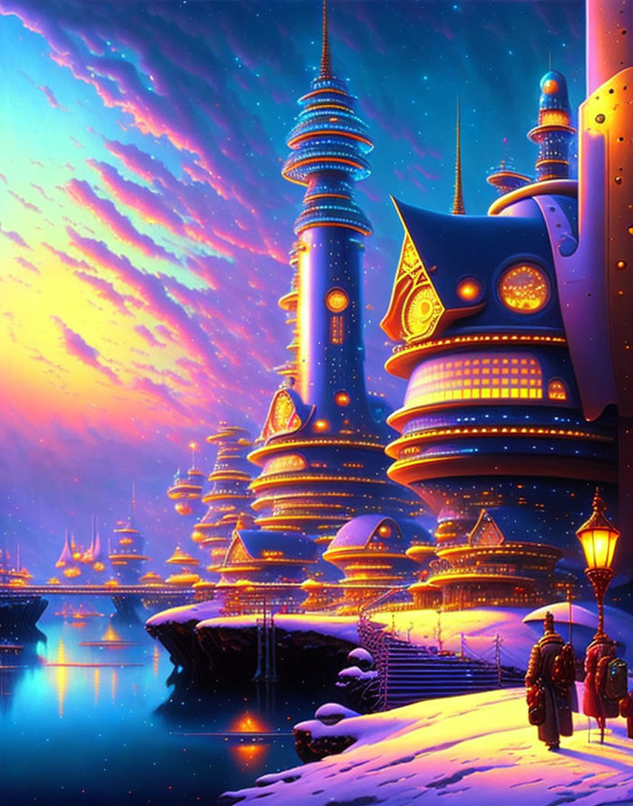 Futuristic cityscape with towering spires and snowy landscape