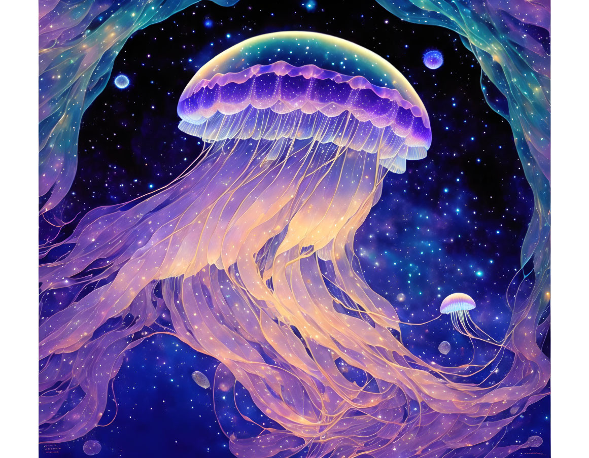 Colorful digital artwork: Jellyfish in cosmic underwater scene