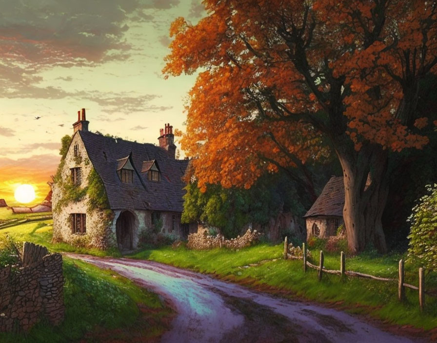 Thatched roof countryside cottage among autumn trees at sunset