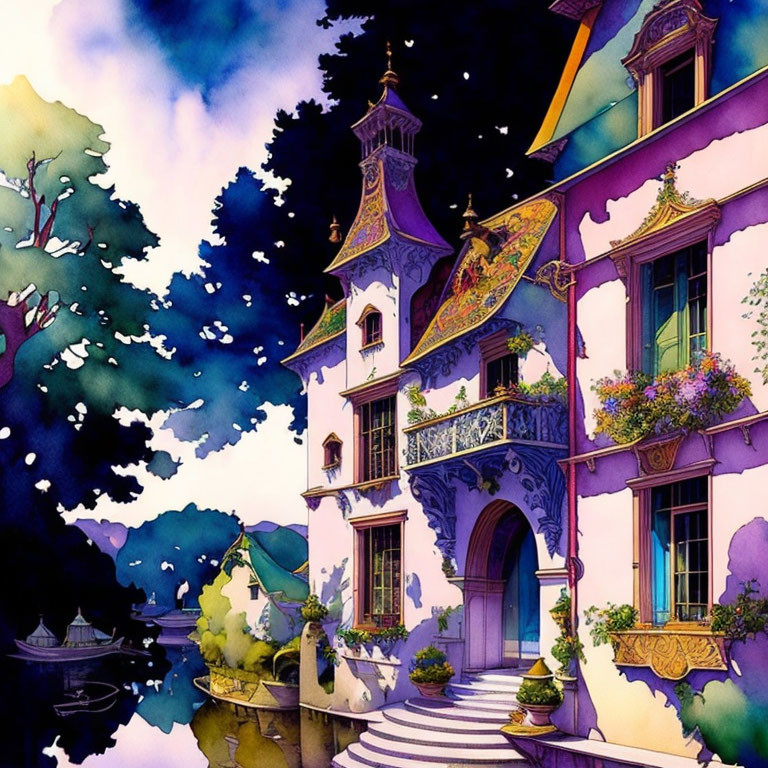 Whimsical purple house with turrets and balconies by serene water at night