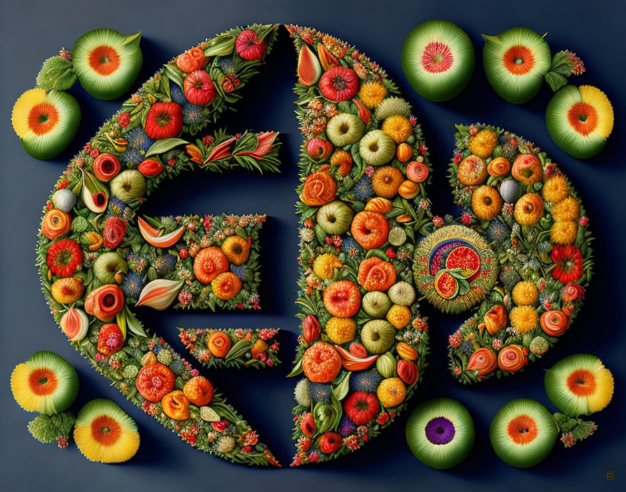 Vibrant fruits, veggies, and flowers create Wi-Fi symbol on dark backdrop