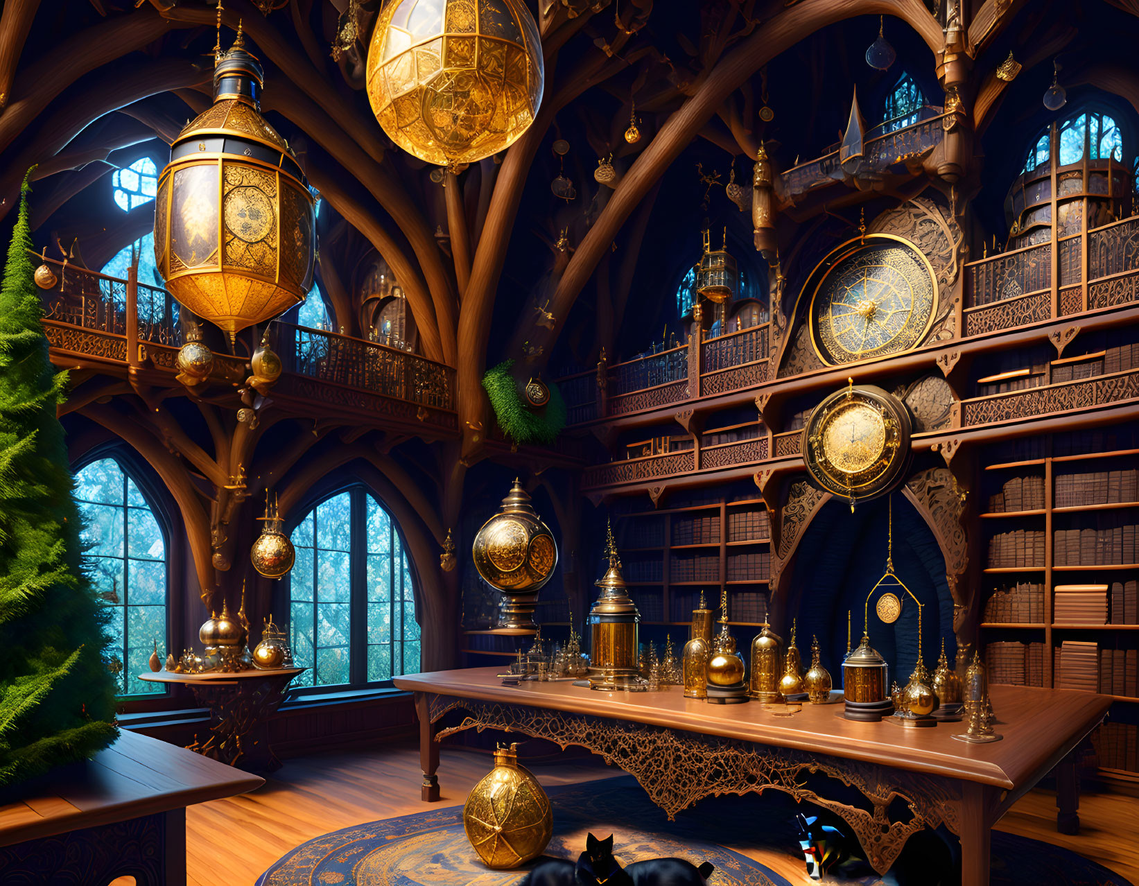 Enchanting library with towering bookshelves and mystical ambiance