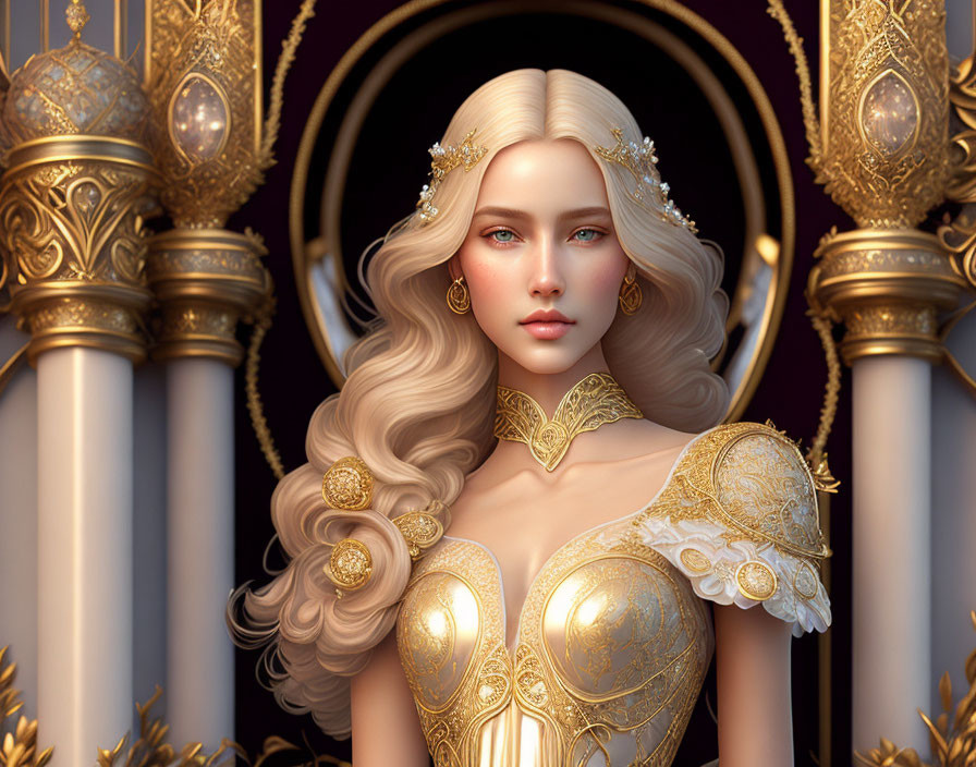 Golden armored female figure in regal setting with blonde hair.