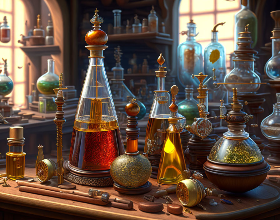 Detailed Alchemist's Lab with Ornate Bottles and Colorful Liquids