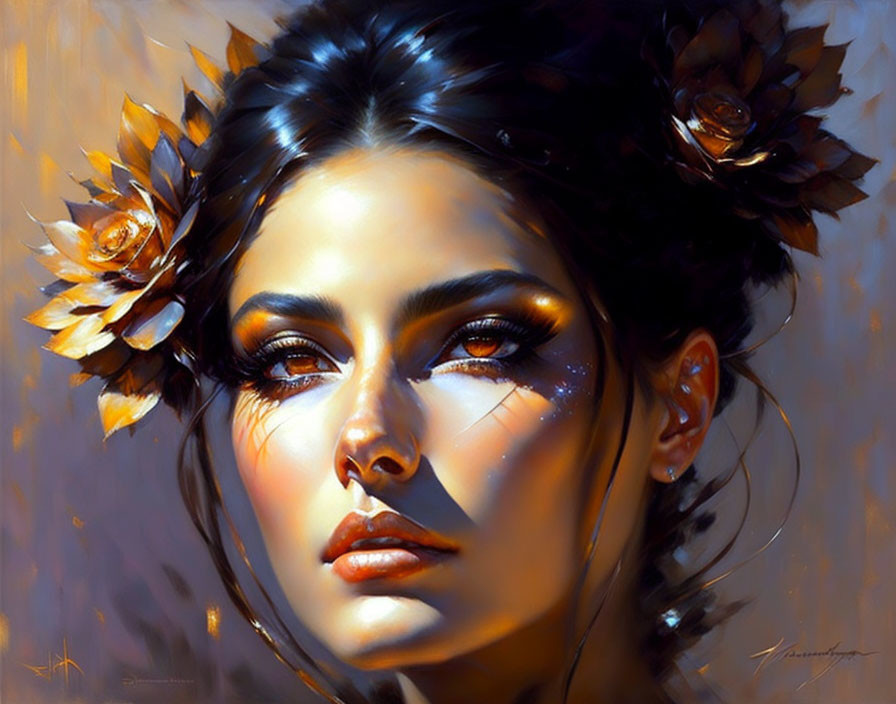 Portrait of woman with striking eyes and shimmering makeup in golden light