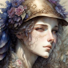 Detailed artwork: Woman with blue-gray hair, floral headdress, golden armor, and facial tattoos.