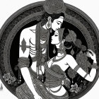 Detailed monochrome Indian couple illustration in traditional attire.