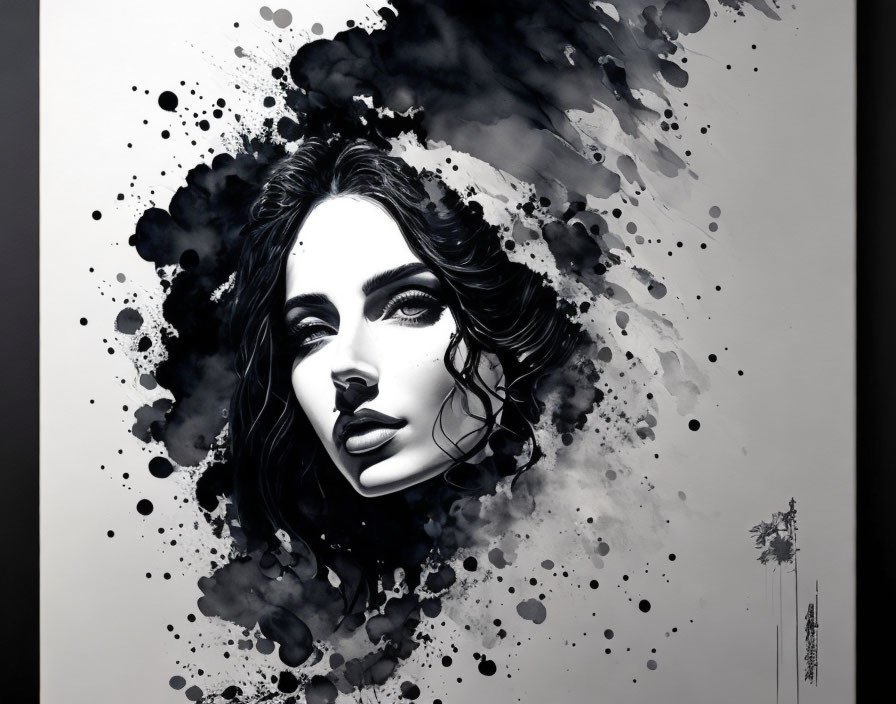 Monochrome Woman's Face Artwork with Expressive Eyes and Ink Splatters