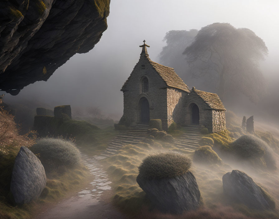 Stone chapel in misty landscape with overgrown grass and rocks