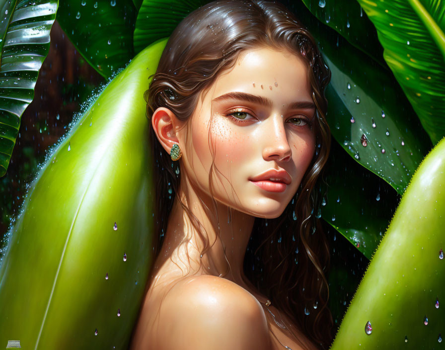 Woman with Dewy Skin Surrounded by Green Leaves and Water Droplets