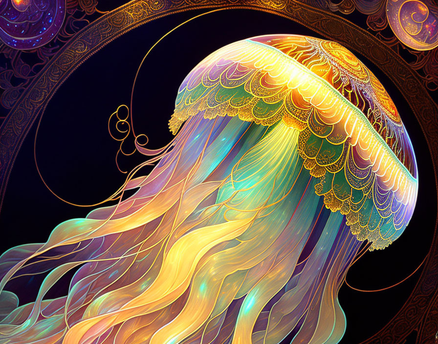 Colorful Jellyfish Artwork with Warm Gradient on Ornate Background