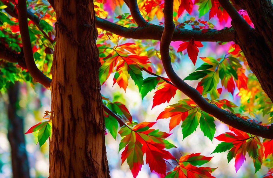 Colorful Autumn Leaves Hanging from Tree Branches in Soft-focus Background