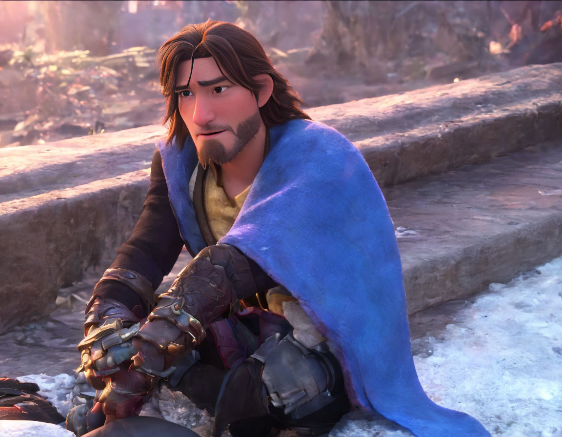 Long-haired animated character in armor and blue cape, with goatee, sitting on stone structure.