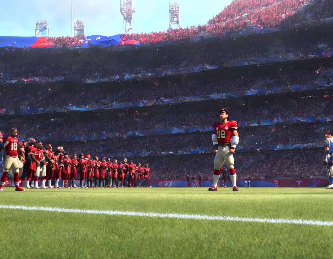 Animated football players on field with full stadium background