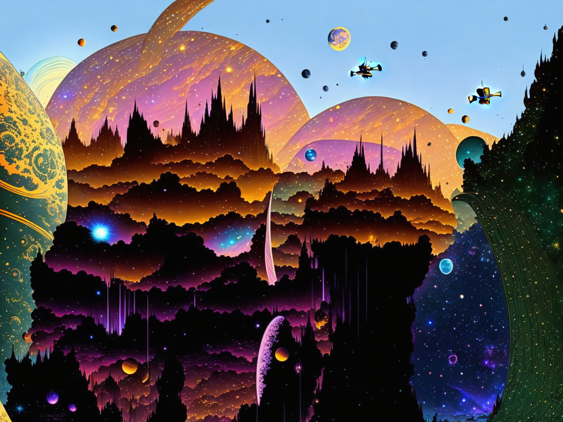 Colorful sci-fi landscape with floating islands, alien flora, moons, and spacecraft.