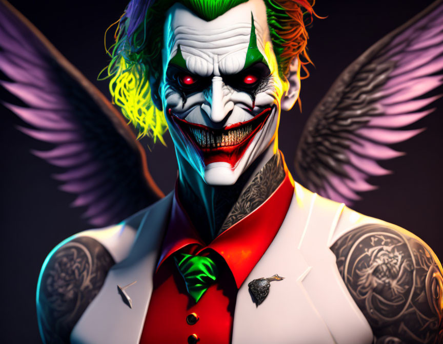 Vibrant Joker illustration with green hair, white skin, red lips, and black tattoos