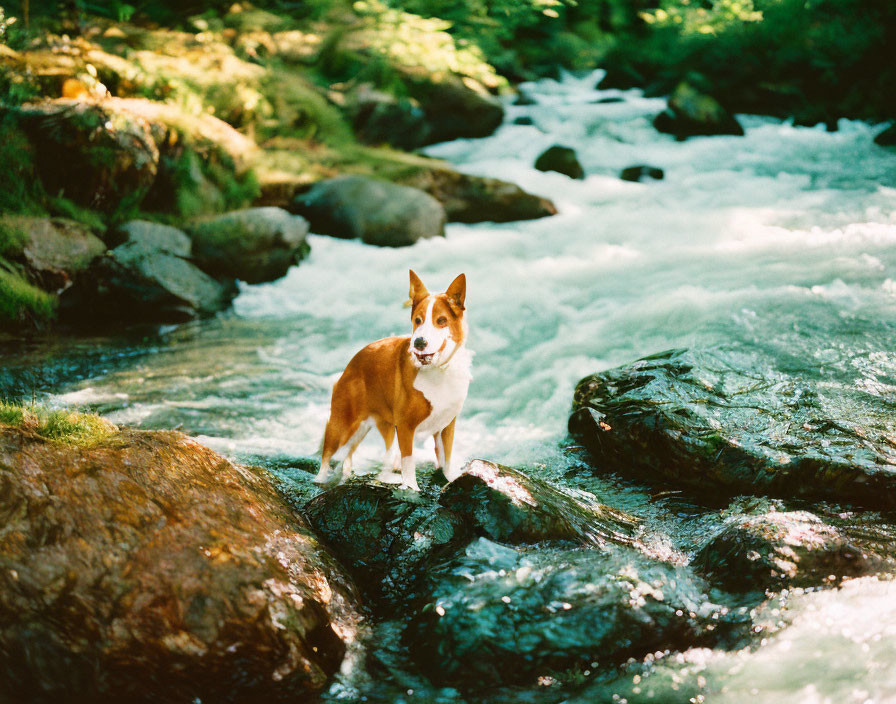 Brown and White Dog on Rock in Forest River Scene