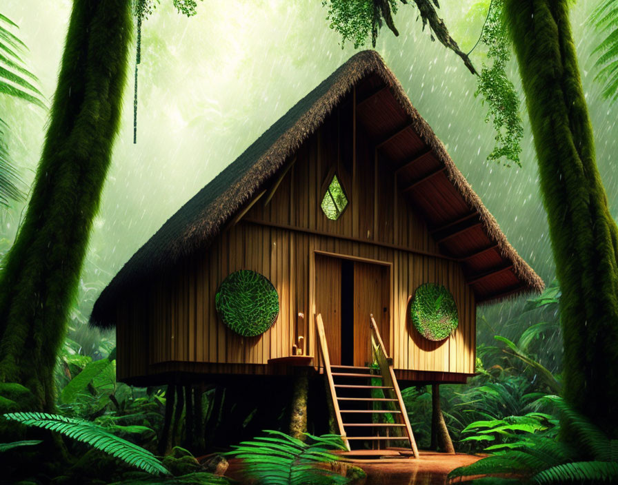 Thatched Roof Wooden House in Green Rainforest