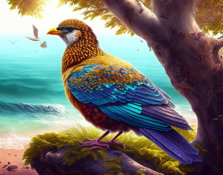 Vibrant bird with intricate feathers on lush green outcrop by serene beach