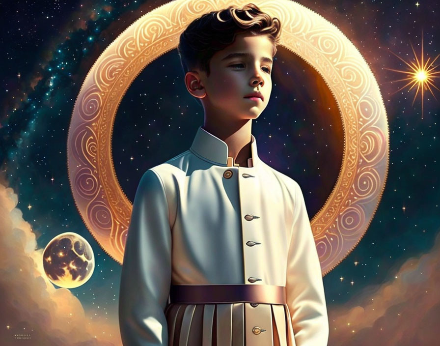 Young boy in white outfit against cosmic backdrop with celestial rings and stars.