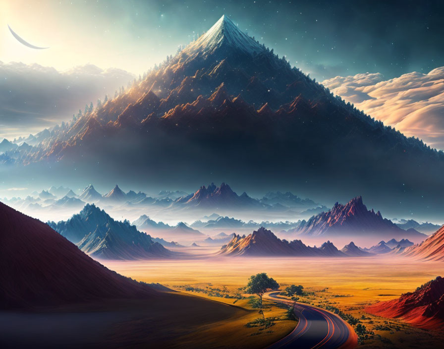 Ethereal landscape with towering mountain under starry sky and winding road through desert and lush forest under