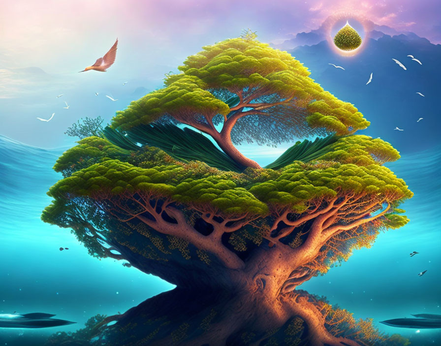 Fantastical tree with lush foliage and glowing orb in serene landscape