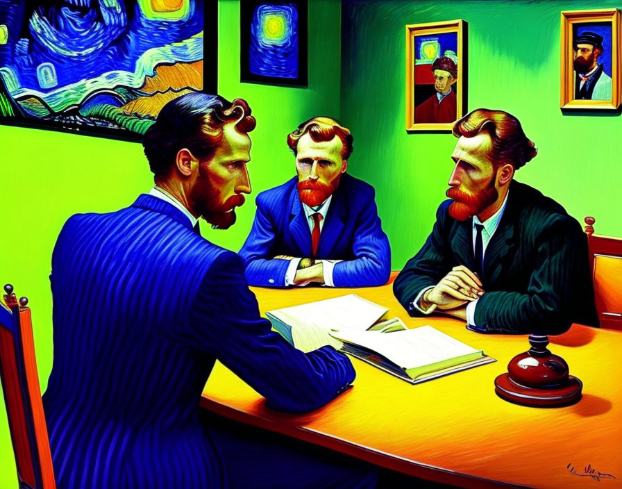 Three individuals resembling Vincent van Gogh in vibrant room surrounded by his paintings.