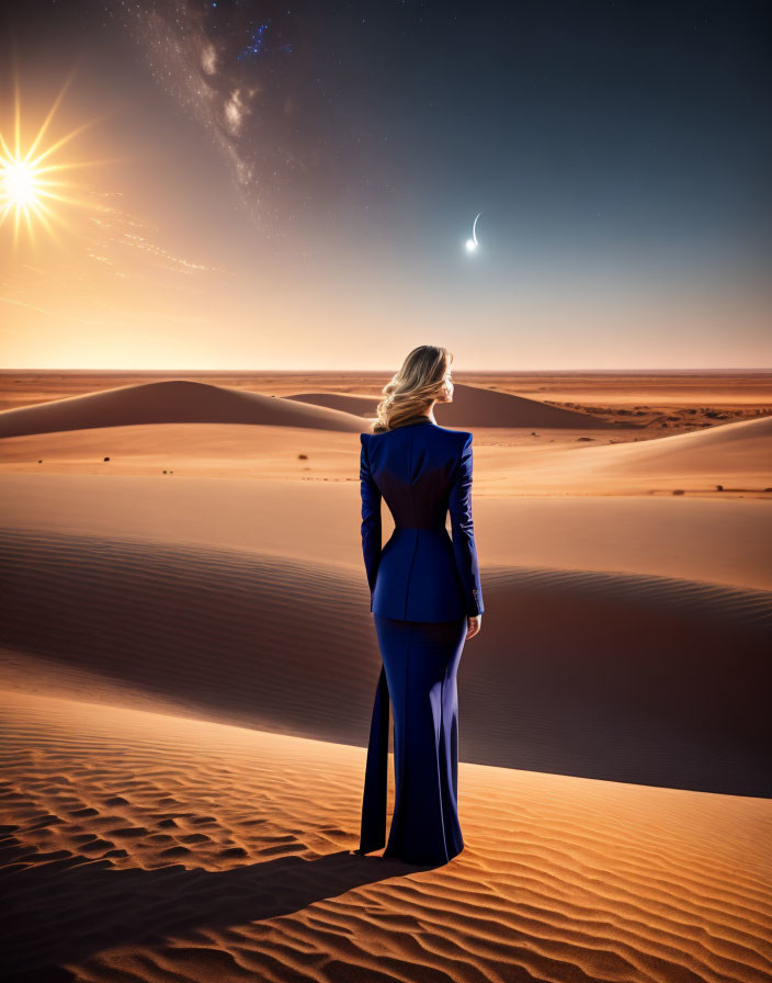 Stylish person in blue outfit on desert sand dunes under starry sky